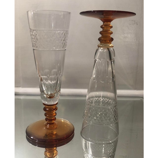 Art Deco Antique Hawkes Amber Cut Crystal Champagne Flutes Set of 6