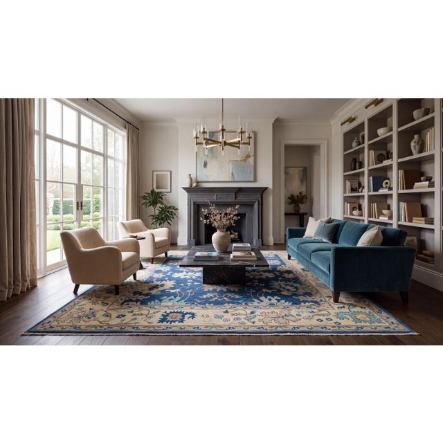 Elevate luxury interior spaces with this contemporary hand-knotted Modern Oushak-style wool area rug. Featuring a rich...