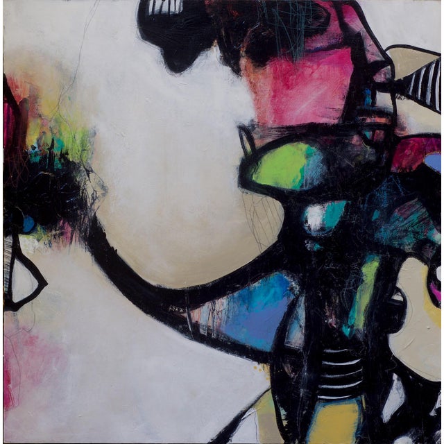 Jitterbug features an energetic interplay of bold colors and dynamic shapes, creating a sense of movement and spontaneity....