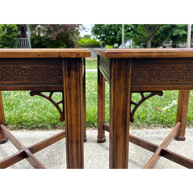 Charming pair of wooden side tables with glass tops and fretwork in corners. Please see condition details noted. Most...