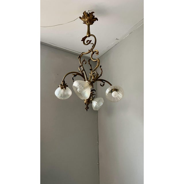 Art Nouveau Golden Chandelier with Frosted Glass Shades For Sale - Image 10 of 18