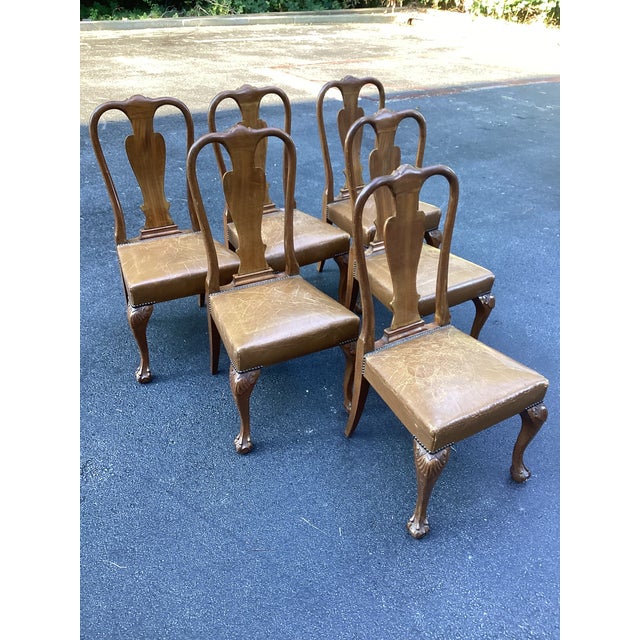 Early 20th Century Set of 6 Vintage Queen Anne Style Dining Chairs in Distressed Leather For Sale - Image 5 of 8