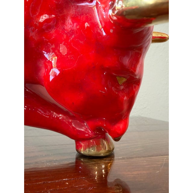 Ceramic Large Pair of 1950s MCM Glossy Firehouse Red and Gilded Kt Gold Paint Accents Ceramic Fighting Bull and Matador Figurines For Sale - Image 7 of 12