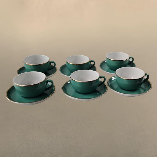 Vintage Coffee Cups in Turquoise Green Porcelain with Gold Detailing from Mitterteich Bavaria, 1950s, Set of 12 For Sale - Image 3 of 11