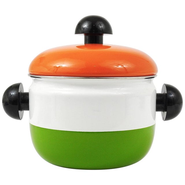 Orange, White and Green Enameled Pot with Lid attributed to Carl Auböck, Austria, 1970s For Sale - Image 13 of 13