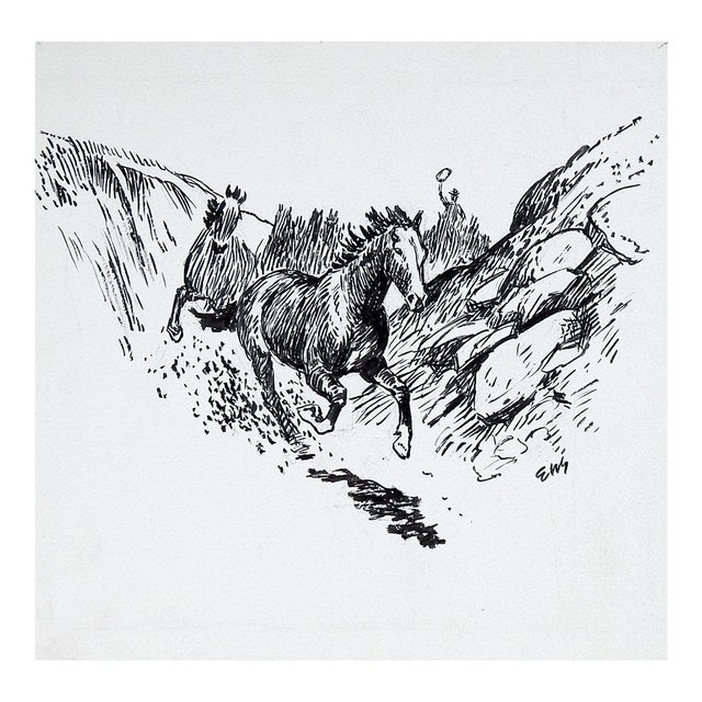 Mid 20th Century Eugene Shortridge Wild Horses Pen & Ink Western Drawing For Sale