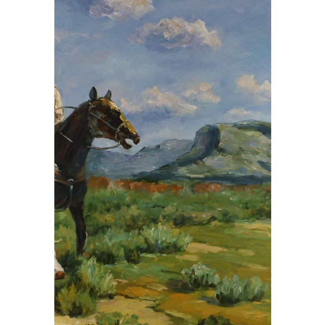 Gray Late 20th Century Western Cowboy on Horse Oil Painting on Canvas 55" x 43" Signed 'S. T. Cesent' in Gold Gilt Frame For Sale - Image 8 of 18