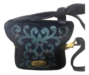 1970s Gorgeous Blue and Turquoise Velvet and Brass Shoulder Bag by Beghé Reation
