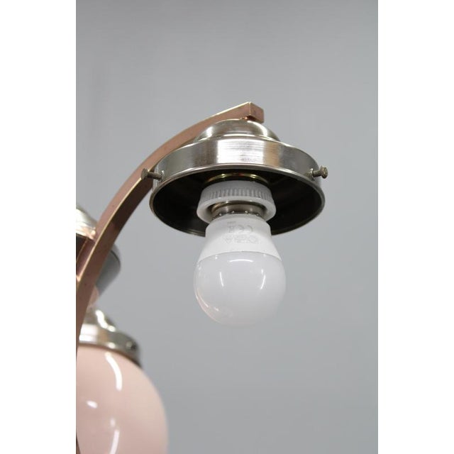 Czech Art Deco Nickel Chandelier with Rose Opaline Glass Globes, 1930s For Sale - Image 13 of 15