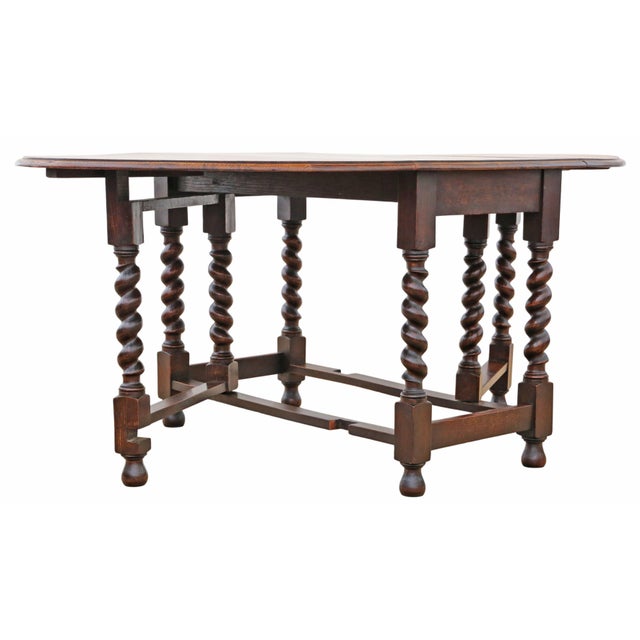 Large Antique Oak Barley Twist Gateleg Drop-Leaf Dining Table, 1920s For Sale - Image 4 of 13