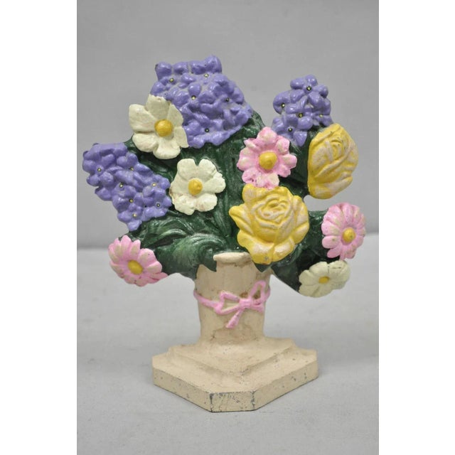 Antique Victorian Cast Iron Figural Floral Bouquet Basket Pink Painted Door Stop For Sale - Image 10 of 10