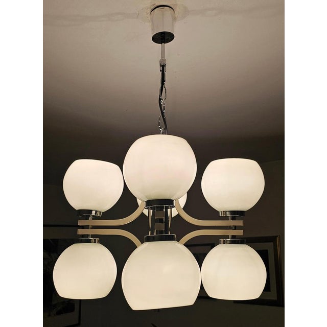 Space Age Eight-Light Chandelier with While Glass Shades, 1970s For Sale - Image 14 of 15