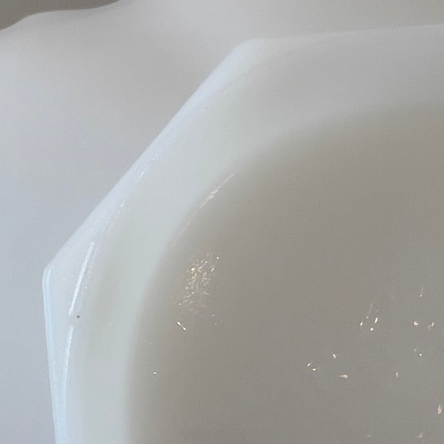 Anchor Hocking Fire-King Milk Glass Grapes Pedestal Square Bowl with gold trim, measuring approximately 8.5 inches....
