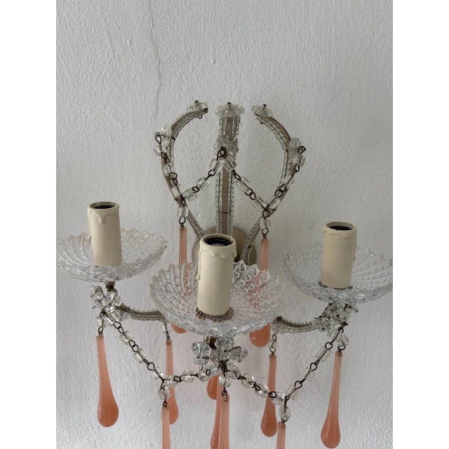1920s Maison Bagues Style Beaded Murano Pink Opaline Drops Sconces Rare C 1920 For Sale - Image 5 of 12