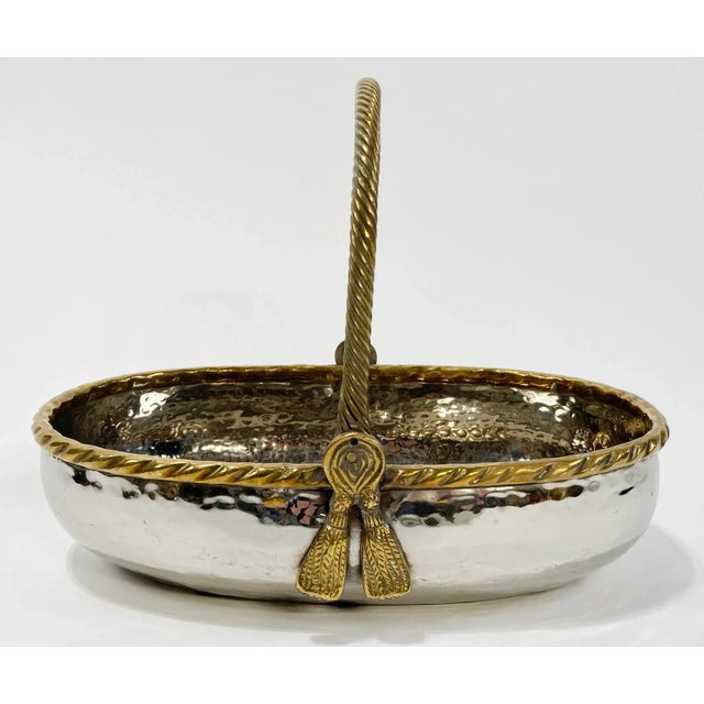 Mid 20th Century Vintage Hammered Silver Bowl With Brass Rope Handle For Sale - Image 5 of 10