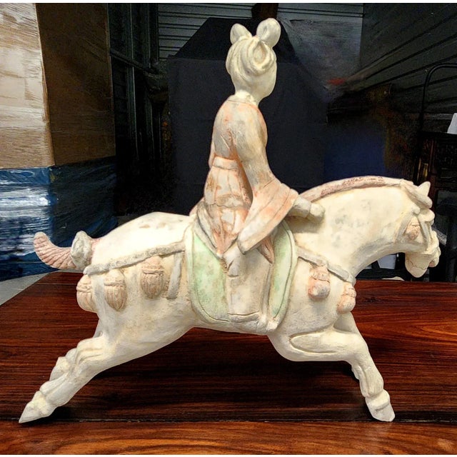 Antique Chinese T'ang Style Terracotta Female Horse Rider Figurine For Sale - Image 4 of 13