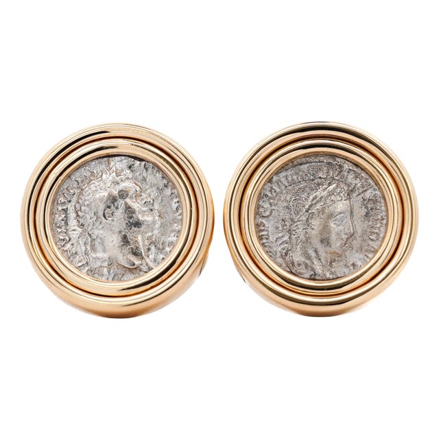 1990s Estate Victorian Elagabalus Denarius 18k Gold Antique Roman Coin Clip-On Earring, A Pair For Sale
