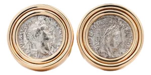 1990s Estate Victorian Elagabalus Denarius 18k Gold Antique Roman Coin Clip-On Earring, A Pair