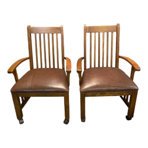 Vintage 1920s Oak and Leather Stickley Style Chairs- a Pair