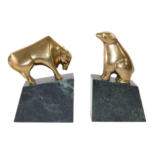 American Art Deco Polished Brass Bull and Bear Bookends Paperweights 1950s