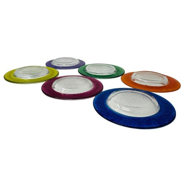 Contemporary Vintage 80s Mexican Glass Bread Plates - Set of 6 Colorful Textured Rim 5.25" Small Appetizer Side Dishes - Fused Glass For Sale - Image 3 of 18