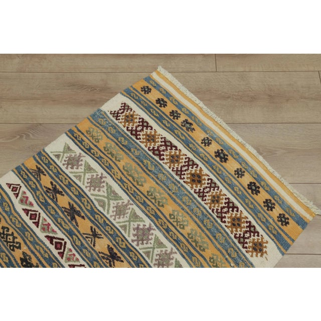 1960s Ethnic Design Ikat Tribal Yellow Striped Kilim Rug For Sale - Image 10 of 13