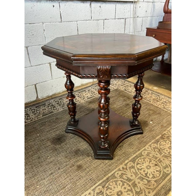 Brown Antique Victorian Venetian Renaissance Style Burled Wood Octagonal Parlor Table Center Table For Sale - Image 8 of 15
