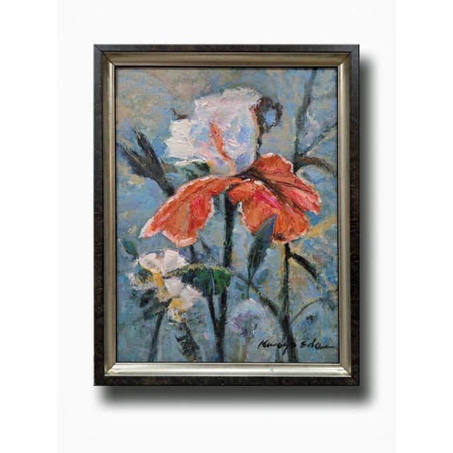 Lilies: Original Framed Textured Red White Flowers Lilies Painting on Canvas. Contemporary smooth two tone smooth wood frame.