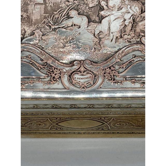 Metal Antique Silver Plated Jewelry Box Le Denicheur by Boucher Engraved by B.Wicker For Sale - Image 7 of 17