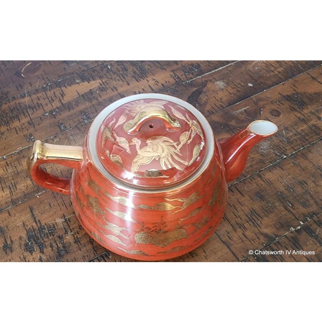 Mid Century Gold * Orange Eggshell Porcelain Japanese Kutani Ware Tea Pot C1950s For Sale - Image 4 of 9