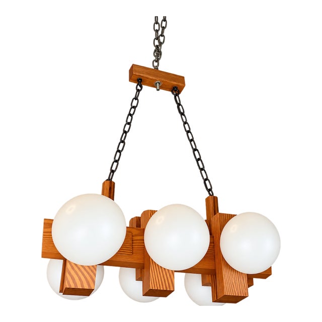 Vintage Scandinavian Pine Chandelier With Frosted Globes For Sale