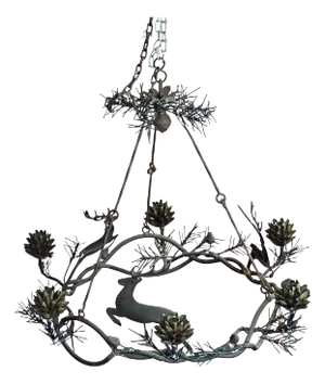 Unusual Vintage Handmade Wrought Iron Stag Leap and Pine Cone Chandelier