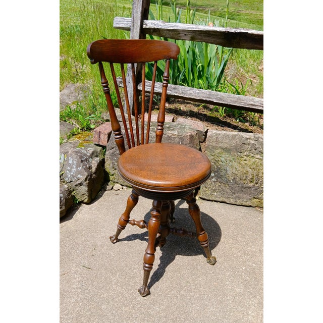 1890s Antique Quarter Sawn Oak High Back Organ Stool With Claw Feet For Sale In Cleveland - Image 6 of 17