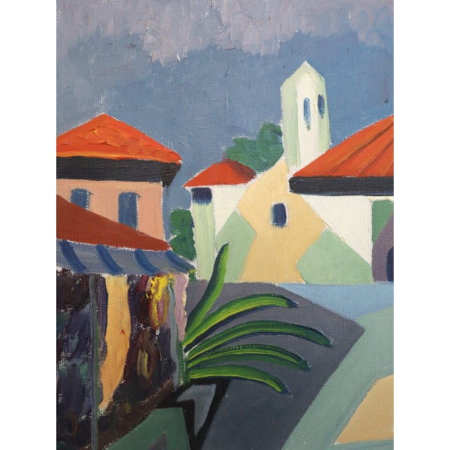 Mid-Century Modern 'Where the Palms Sway' Vintage Original Landscape Oil Painting, Framed For Sale - Image 11 of 13