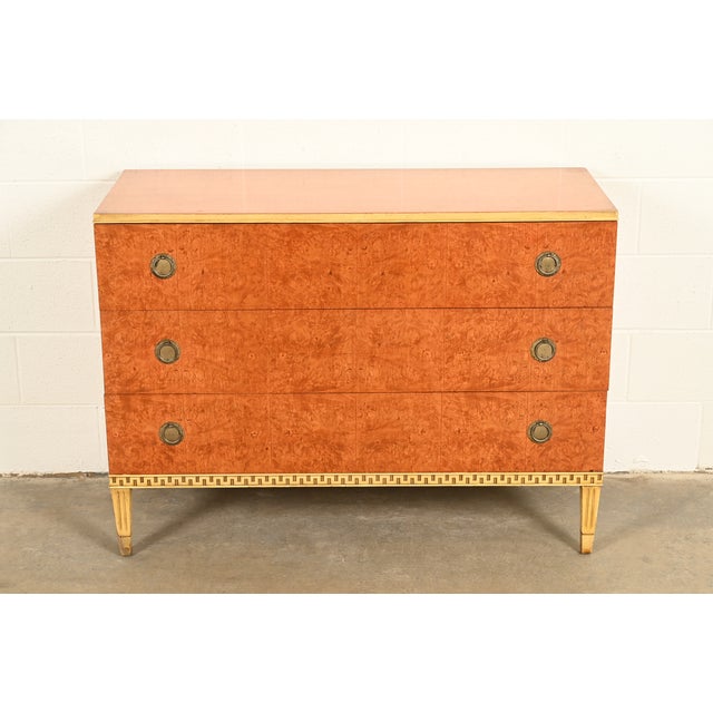 French Romweber Style French Regency Louis XVI Burl Wood and Parcel Painted Three-Drawer Dresser Chest, Circa 1940s For Sale - Image 3 of 17