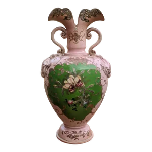 Vintage 1950s Pink Ceramic Two-Handled Kimono-Opening Urn-Style Mantle Ewer Vase