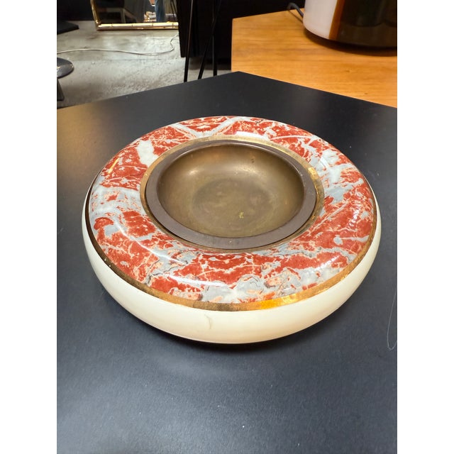 Tommaso Barbi 1970s Tommaso Barbi Ceramic and Brass Centerpiece Bowl With Red Marbleized Glaze For Sale - Image 4 of 9