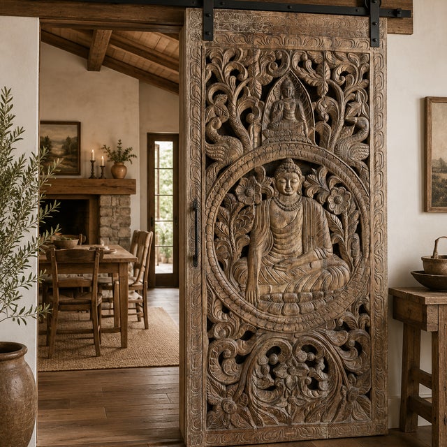 Wood Antique Hand-Carved Solid Wood Buddha Wall Panel | Meditation Spiritual Wall Art 72x35 For Sale - Image 7 of 7