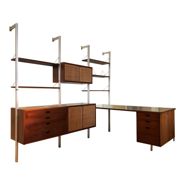 Mid Century Founders Vintage Walnut Wall Unit 3 Bay Including Desk With File Cabinet Chairish