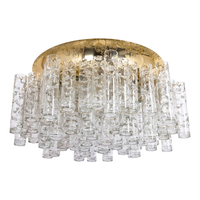 Large Brass and Murano Glass Tubes Flush Mount attributed to Doria, Germany, 1960s For Sale