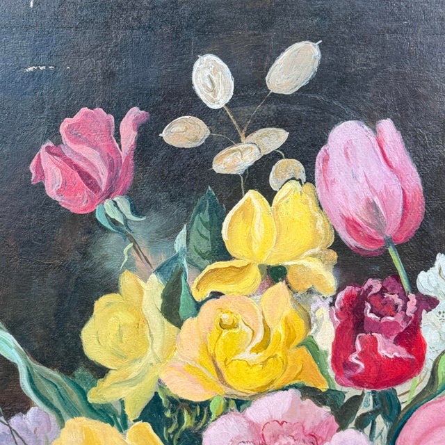 Paint Vintage Dutch Floral Still Life Oil Painting on Board For Sale - Image 7 of 11