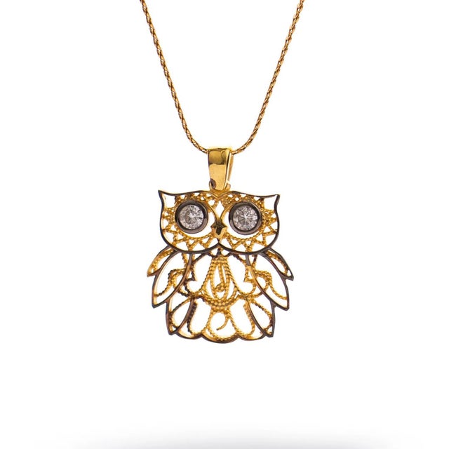 Metal Wisdom Owl Diamond Eyes Gold Necklace For Sale - Image 7 of 11