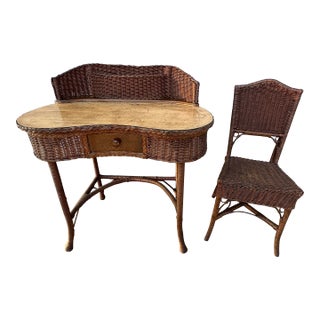 Early 20th Century Antique Wicker Karpen Vanity and Chair - Set of 2 For Sale