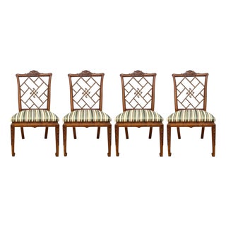 Mid-Century Chinese Chippendale Style Carved Pagoda Dining or Game Table Side Chairs - S/4 For Sale