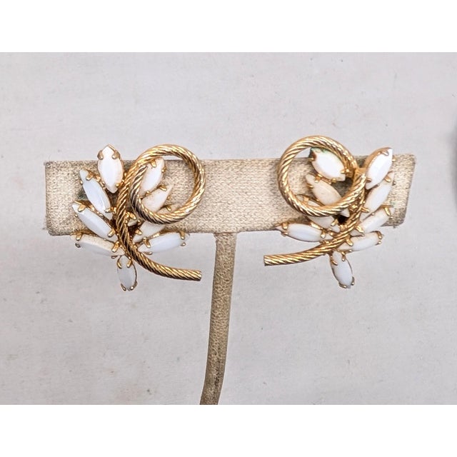 Napier Vintage Signed Napier Goldtone & White Marquise Rhinestone Clip Earrings-2 Pieces For Sale - Image 4 of 7