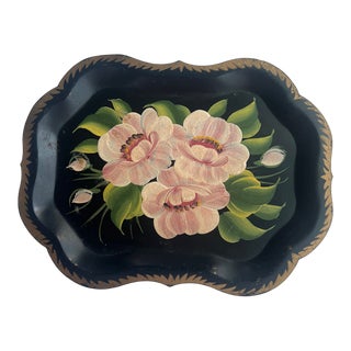 Small Hand-Painted Tole Tray With Pink Flowers For Sale