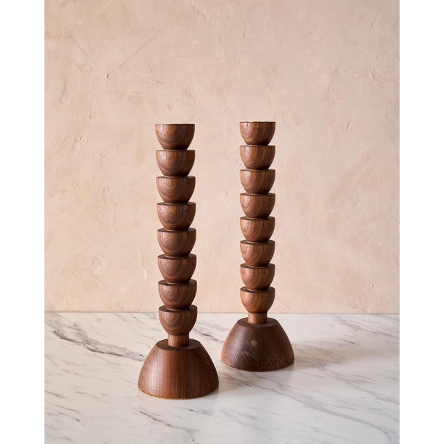 Mid-Century Modern "Albert" Hand Turned Walnut Candle Holders by Lostine, Set of 2 For Sale - Image 3 of 9