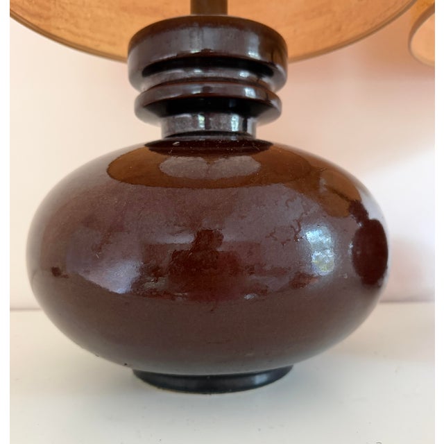 Mid 20th Century Brown Ceramic Table Lamps With Vintage Cork Shades, a Pair For Sale - Image 4 of 8
