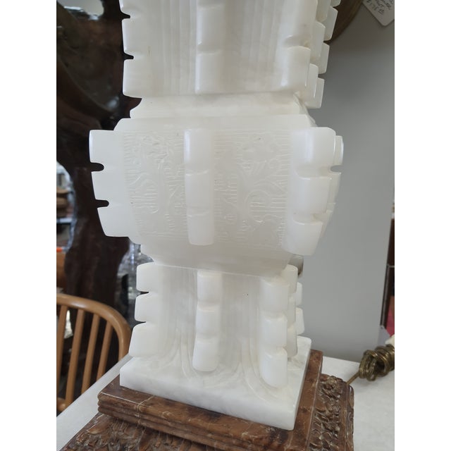 1980s 1980s Marbro Hand Carved Solid Alabaster White Lamp with Base For Sale - Image 5 of 8
