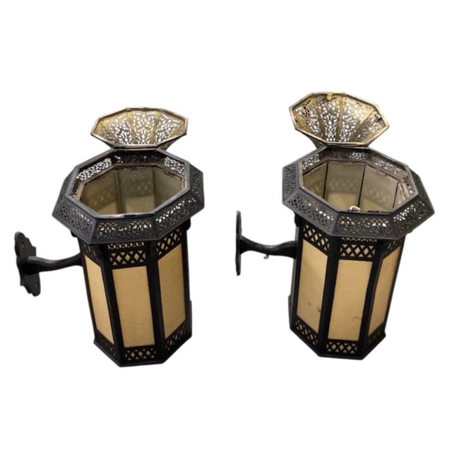 1990s Vintage Moroccan-Style Wrought Metal and Glass Wall Lanterns - a Pair For Sale - Image 5 of 12